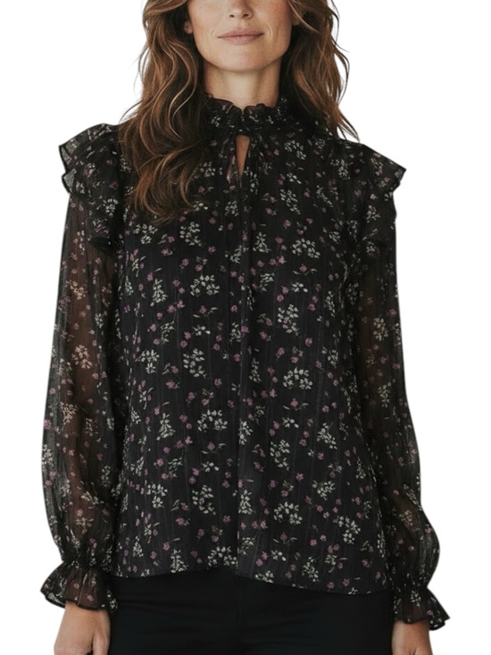 CeCe Tops - NWT CECE Black Floral Ruffle Sheer Long Sleeve Tie Neck Blouse Size Medium
